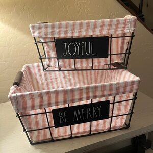 RAE DUNN Christmas Metal Baskets Joyful Be Merry Fabric Liners Stripes NWOT